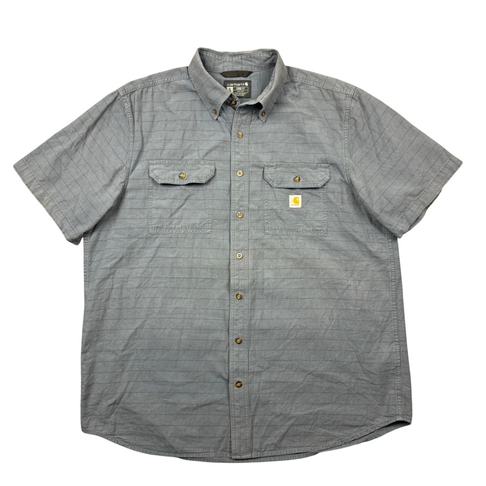Carhartt Mens XL Tall Button Down Shirt Loose Fit Short Sleeve Striped Blue Work